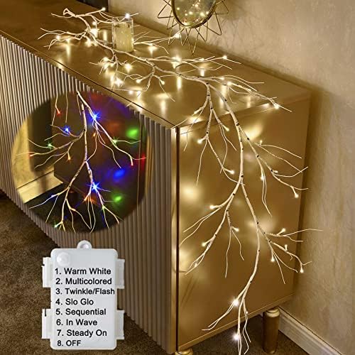Hairui Lighted Birch Garland Battery Operated with 8 Function 48 Warm White and Multi Color Lights 6FT, Pre Lit Garland for Fireplace Christmas Holiday Decoration Indoor Outdoor by Hairui