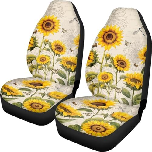 Sunflower Dragonfly Car Seat Covers Full Set of 2 Automobile Front Seat Covers Vehicle Accessories Carseat Seat Covers Cushion Pad Mat for SUV Trucks Chairs Vans Auto