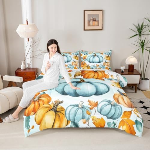 Erosebridal Kids Fall Pumpkin Bedding Full for Teenagers Girls Boys, Blue Pumpkin Decor Comforter Set Autumn Leaves Bedding Comforter Sets 3 Pieces, Rustic Farmhouse Quilt with 2 Pillowcases - Image 5