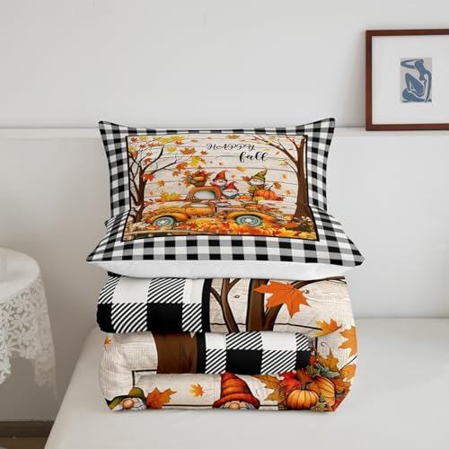 Homewish Happy Fall Comforter Set Queen Size Pumpkin Truck Maple Leaves Gnomes Bedding Set,Vintage Black White Grid Quilt Set for Kids Girls Boys Adult Room Decor,Rustic Farmhouse Duvet Insert 3Pcs - Image 5