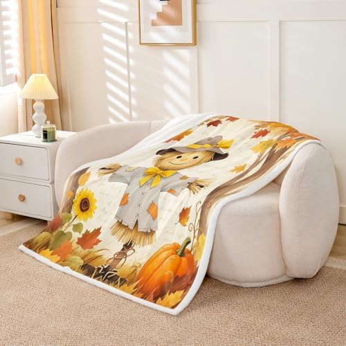 Fall Scarecrow Sherpa Blanket Maple Leaf Sunflower Throw Blanket Bedroom Living Room Soft Cozy Harvest Thanksgiving Pumpkin Blankets Decor for Bed Couch Sofa Orange Yellow Flannel Blankets 90"x90" - Image 5
