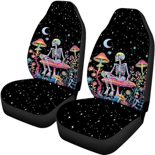 Skull Colorful Mushroom Car Seat Covers 4Pcs Front & Rear Breathable Seat Covers Universal Fits for Truck, Sedan, SUV Auto Interior Protector Car Accessories Halloween Decor