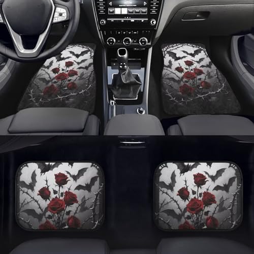 Gothic Rose Car Floor Mats Halloween Bat Rose Thorn All Weather Car 1st & 2nd Row Floor Mats Interior Carpet Gradient Gothic Bat Flower Universal for Sedan Car Trucks