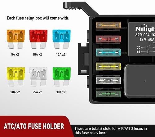 Nilight 12V Fuse Relay Box 6 Relays 6 Slots ATC ATO Blade Fuse Holder 4Pin 5Pin Terminal 40A Relay Waterproof Block Kit Universal for Automotive Car Truck Camper Marine Boat