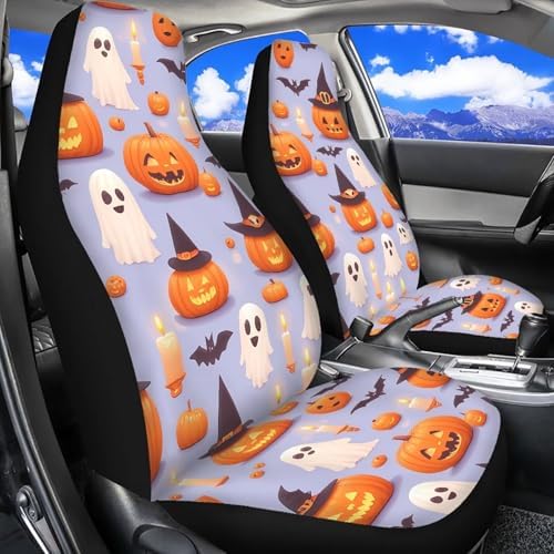 2 pcs/Set Car Seat Covers, Halloween Pumpkin Ghost Car Seat Covers Witch Hat Pumpkin Cartoon Halloween Decor Car Accessories Full Set for Trucks Sedan SUV