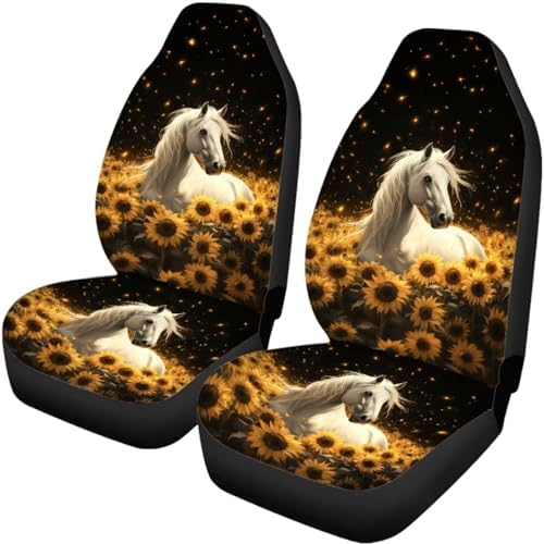 Horse & Sunflower Print Car Seat Covers 4Pcs Front & Rear Breathable Seat Covers Universal Fits for Truck, Sedan, SUV Auto Interior Protector Car Accessories
