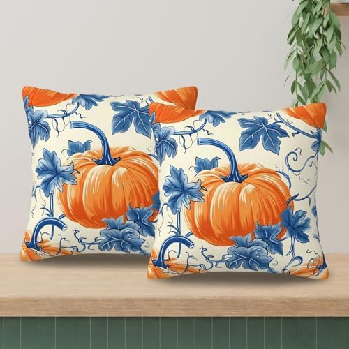 KiuLoam Blue and Orange Fall Pillow Covers 22x22 Inch Set of 2, Fall Decor Pumpkin Leaf Autumn Print Decorative Throw Pillows, Rustic Farmhouse Style Cushion Covers for Sofa Couch Bed Home Decor - Image 3