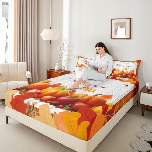 Pumpkin Sheet Set Twin Happy Fall Bed Sheets Thanksgiving Harvest Season Bedding Set For Kids Teen Adults,Orange Buffalo Plaid Fitted Sheet Rustic Farmhouse Flat Sheet 1 Pillow Case Home Room Decor - Image 7