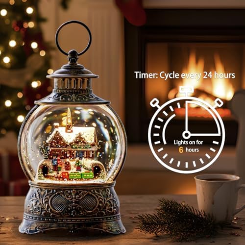 Christmas Snow Globes Christmas Water Lantern with Station Train, Music & 6H Timer, USB Lined/Battery Operated Lighted Lanterns for Xmas Festival Decoration Gifts - Image 2