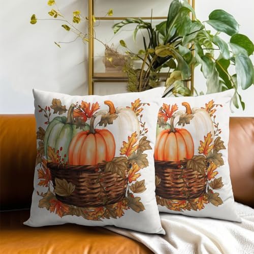 Autumn Pumpkin in the Basket Throw Pillow Covers 18X18 Inches Set of 2 Fall Maple Leaf Flower Pillowcase Soft Cotton Square Harvest Thanksgiving Cushion Covers for Home Sofa Bedroom Decoration - Image 7