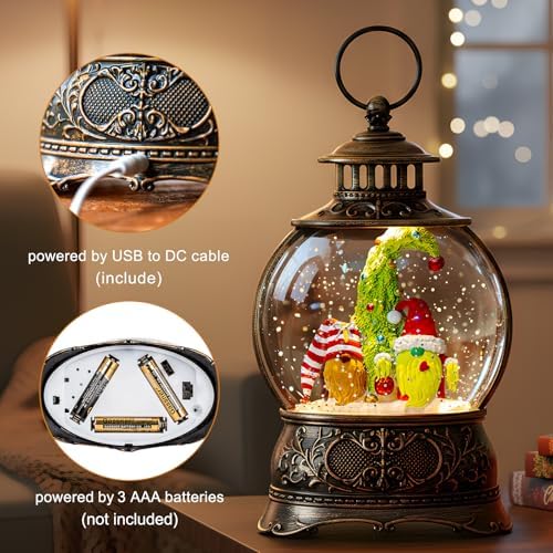 Christmas Snow Globes Christmas Water Lantern with Gnome Whimsical Christmas Tree, Music & 6H Timer, USB Lined/Battery Operated Lighted Lanterns for Xmas Festival Decoration Gifts - Image 3