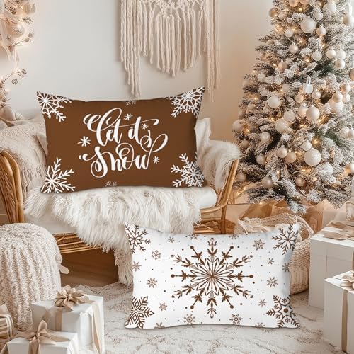 Lanpn Christmas Throw Pillow Covers 12x20 Set of 4, Merry Christmas Winter Xmas Snowflake Decorative Holiday Cushion Pillow Cases 12 x 20 for Outdoor Indoor Farmhouse Home Room Couch Decor (Brown) - Image 2
