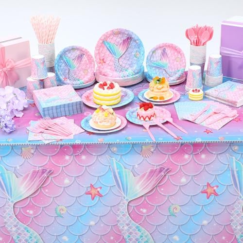 Funnymoom 452 Pcs Mermaid Party Decorations Include Sea Mermaid Paper Plates Napkins Cups Tablecloth Cutlery Straws Ocean Tableware for Baby Shower Birthday Party Supplies - Image 6