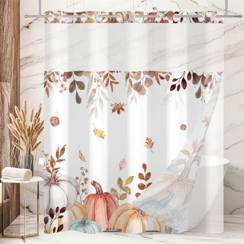 No Hook Shower Curtain with Snap in Liner, Hotel Style Watercolor Autumn Fall Pumpkin Falling Leaves Thanksgiving Shower Curtain Waterpoof Washable with See Through Top Window,71"x71" - Image 2