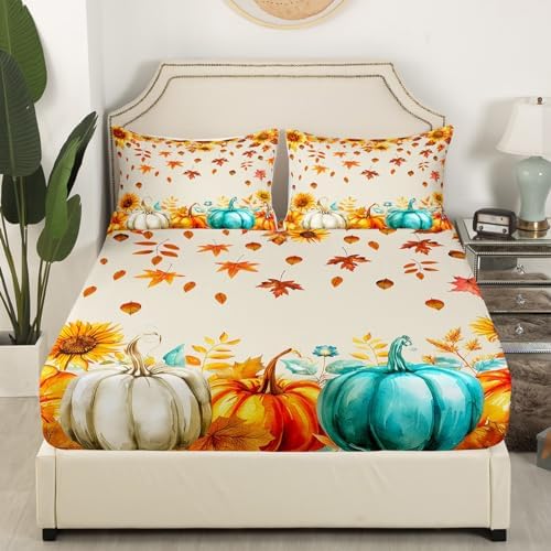 Erosebridal Fall Pumpkin Bedding Set for Home Full Thanksgiving Harvest Season Fruit Decor Bed Sheets Fall Maple Leaf Sheet Set Rustic Farm Sunflower Fitted Sheet Autumn Flat Sheet + 2 Pillow Cases - Image 3