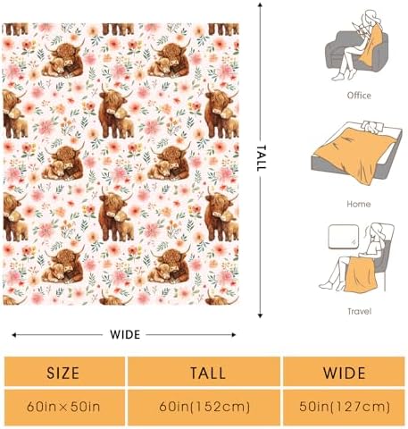 Highland Cattle Floral Blanket Flower Gifts for Women Girls Adults Kids Men Boys Birthday Christmas Halloween Easter Wife Mom Girlfriend Dad Son Husband Spring Throw Blanket 60"x80" - Image 2