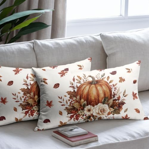 Fall Pumpkin Lumbar Pillow Covers 12x20 Set of 2 Burnt Orange Maple Leaves Floral Outdoor Throw Pillows Covers Thanksgiving Rustic Decorative Farmhouse Cushion Case for Room Couch Sofa - Image 7