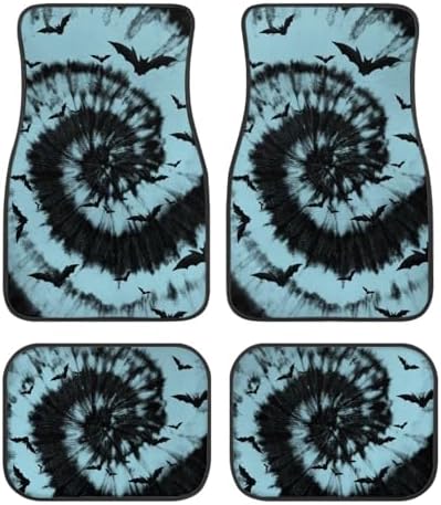 Aqua Black Tie Dye Bat Print Funny Halloween Car Floor Mats 4 PCS, Cute Durable Interior Accessories for Car SUV, All Weather Floor Mats with Front Rear Trunk Liners Set for Party