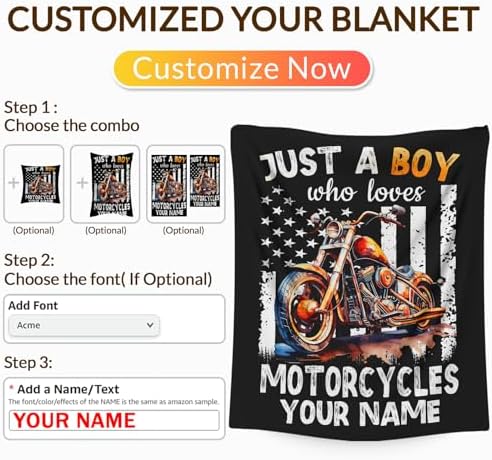 Personalized Motorcycle Gifts for Boys Men, 60x80 Inches Cool Throw Blanket for Kids Adults Motorbike Lovers Motorcycle Riders, Custom Black Soft Blankets for Couch Sofa Bed Travel - Image 3