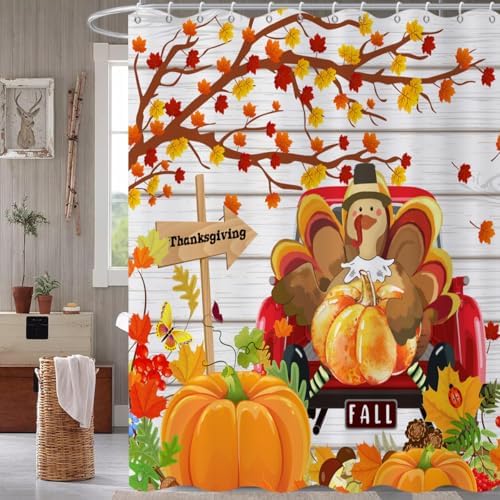 Thanksgiving Day Turkey Shower Curtain, Fall Autumn Harvest Pumpkins Red Truck Maple Trees Rustic Wooden Bathroom Curtain Waterproof Fabric Machine Washable with Hooks, 72" Wx84 L - Image 2