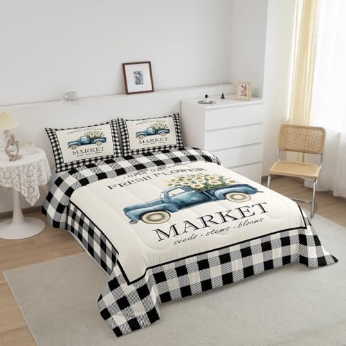 Homewish Daisy Flowers Truck Comforter Set Twin Size Black White Geometric Grid Bedding Set for Kids Girls Teens Boys Room Decor Spring Garden Plants Quilt Set Rustic Farmhouse Duvet Insert 2pcs - Image 2