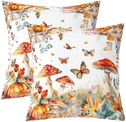 Rustic Autumn Pillow Covers Reversible Print Pack of 2,Nature Mushroom Pumpkin Botanical Plants Decorative Cushion Covers,Fall Maple Leaves Watercolor Flowers Couch Pillow Covers,24"x 24" by Manfei