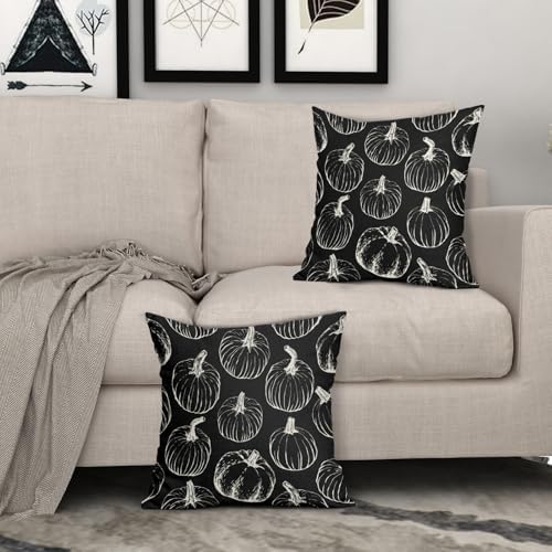 Black Fall Pumpkin Pillow Covers 16x16 Set of 2 Autumn Themed Thanksgiving Cream Print Decorative Throw Pillows Outdoor Pillowcase Farmhouse Linen Cushion Case Decor for Home Sofa Couch Bed - Image 3