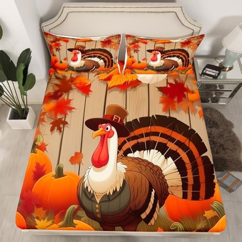 Feelyou Turkey Bed Sheets Set Twin Size Thanksgiving Harvest Season Fruit Decor Sheet Set for Kids Boys Girls Decor Fall Pumpkin Sheets with Deep Pocket Fitted Sheet Gamboge - Image 2