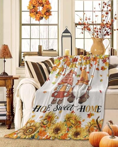 DecorLovee Orange Fall Blanket 50"x60", Reversible Gnomes Thanksgiving Throw Blanket for Couch/Bed, Maple Leaf Sunflower Lightweight Soft Throw Blankets for Women, Warm Fuzzy Blankets for Winter - Image 2
