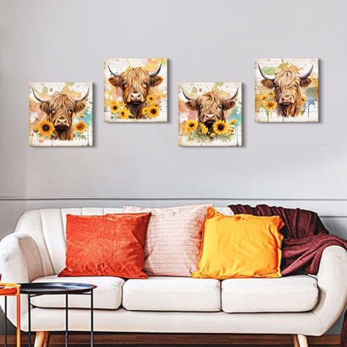 Highland Cow Wall Art Rustic Farmhouse Sunflower Canvas Pictures for Bathroom Kitchen Decor Watercolor Farm Animal Cattle Prints Painting Modern Artwork Bedroom Living Room Home Decorations 12x12” 4 - Image 6