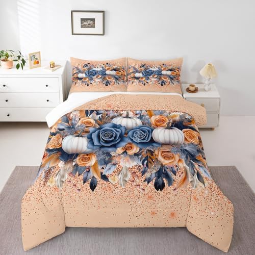 Homewish Fall Pumpkin Comforter Set Full Size Vintage Flower Leaves Bedding Set Colorful Boho Glitter Quilt Set Kids Girls Woman Adult Room Decor Rustic Farmhouse Botanical Duvet Insert,Orange 3Pcs - Image 6
