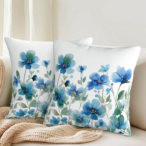 KiuLoam Spring Floral Pillow Covers 22x22 Inch Set of 2, Teal Blue Green Watercolor Flower Print Decorative Throw Pillows, Farmhouse Outdoor Square Cushion Cases for Sofa Couch Bed Home Decor - Image 2