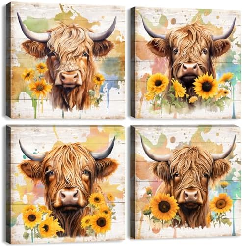 Highland Cow Wall Art Rustic Farmhouse Sunflower Canvas Pictures for Bathroom Kitchen Decor Watercolor Farm Animal Cattle Prints Painting Modern Artwork Bedroom Living Room Home Decorations 12x12” 4 by sunfrower