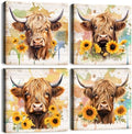 Highland Cow Wall Art Rustic Farmhouse Sunflower Canvas Pictures for Bathroom Kitchen Decor Watercolor Farm Animal Cattle Prints Painting Modern Artwork Bedroom Living Room Home Decorations 12x12” 4 by sunfrower