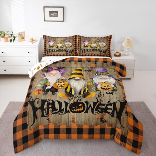 Kids Halloween Gnome Comforter Set Queen Size,Vintage Yellow Black Grid Quilted Duvet Gothic Bat Pumpkin Lantern Bedding Set for Girls Boys Room Decor Rustic Farmhouse Brown Wood Duvet Insert 3Pcs - Image 5