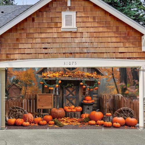 Fall Thanksgiving Decor, Forest Pumpkin Cabin Backdrop - 2 Car Garage Hanging Banner, Autumn Outdoor Holiday Decorations 7x16ft - Image 2