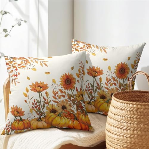 Fall Pumpkin Pillow Covers 18x18 Set of 2 Orange White Leaves Sunflower Outdoor Throw Pillows Covers Autumn Thanksgiving Harvest Decorative Farmhouse Cushion Case for Living Room Couch Sofa - Image 7