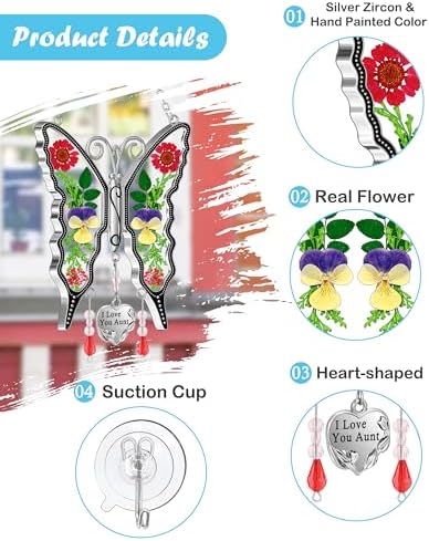KY&BOSAM Butterfly Suncatcher I Love You Aunt Stained Glass Hanign for Window Catchers with Pressed Real Flower and Heart Charm Home Garden Decor Birthday Gifts for Aunt Mothers Day Christams Ornament - Image 6