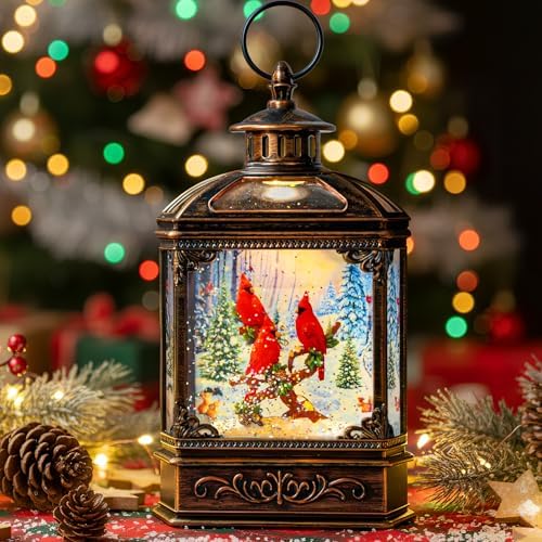 Christmas Snow Globe Water Glittering Cardinal with Music, USB Lined/Battery Operated Lighted Lantern for Christmas Festival Decoration Gifts by Qualdout
