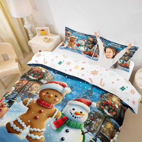 Gingerbread Man Kids Bedding Set King Size,Cute Snowman Merry Christmas Duvet Cover Set，Snowflake Winter Xmas Poinsettia Room Decor,Blue Brown Quilt Cover,2 Pillowcases(No Comforter) - Image 4