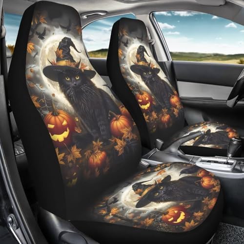 Talayituse Cat Pumpkin Witch Maple Leaf Print Car Seat Covers Front Set Car Seats with Elastic Band, Universal Fit Automotive Seat Covers Thanksgiving Halloween Decor for SUV, Sedan, Van