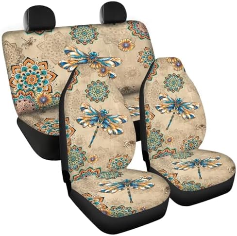 Dragonfly Boho Style Mandala Print Car Seat Covers 4Pcs Front & Rear Breathable Seat Covers Universal Fits for Truck, Sedan, SUV Auto Interior Protector Car Accessories