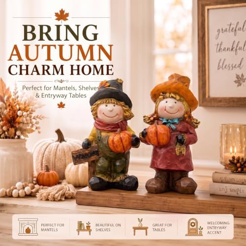 Topadorn Fall Scarecrow Figurines Set of 2, Thanksgiving Pumpkin Decor - Image 5