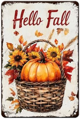 Fall Sign Thanksgiving Day Pumpkin Retro Tin Sign Hello Fall 8x12Inch by Unknown