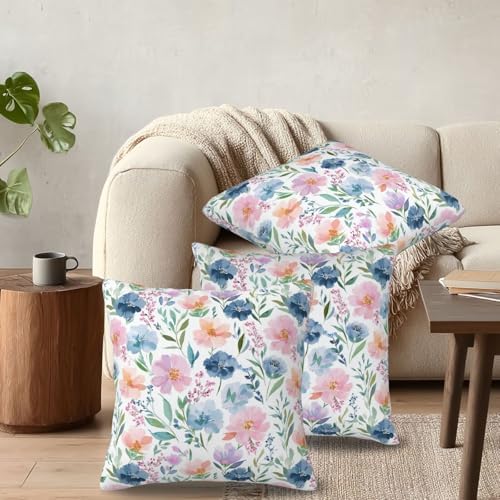 KiuLoam Spring Pillow Covers 22x22 Inch Set of 2, Blue Pink Watercolor Floral Leaf Rustic Farmhouse Decorative Throw Pillows, Spring Outdoor Square Cushion Cases for Sofa Couch Bed Home Decor - Image 6