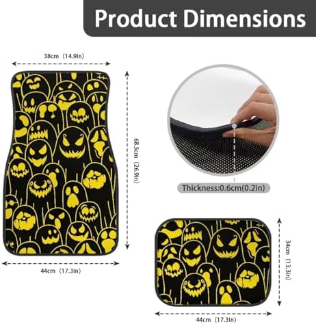 Yellow Black Ghost Print Funny Halloween Car Floor Mats 4 PCS, Cute Durable Interior Accessories for Car SUV, All Weather Floor Mats with Front Rear Trunk Liners Set for Party