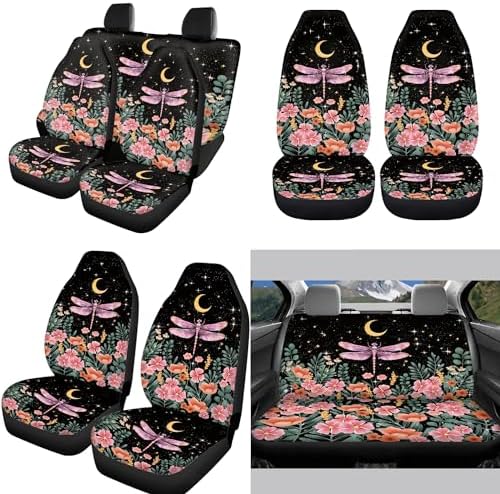 12 Pcs Dragonfly Car Seat Covers Full Set Moon Stars Flower Cottagecore Dragonfly Front Back Seat Cover,Fit Most Cars, Truck,Elastic Steering Wheel Cover Seatbelt Keychain Armres Pads Decor
