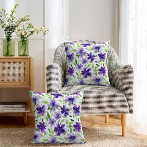 KiuLoam Spring Floral Pillow Covers 16x16 Inch Set of 2, Green Purple Watercolor Flower Decorative Throw Pillows, Farmhouse Outdoor Square Cushion Cases for Sofa Couch Bed Home Decor - Image 3