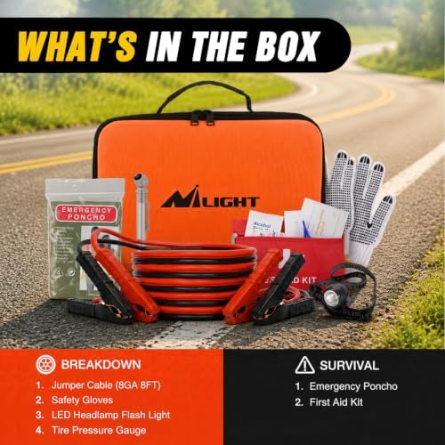 Nilight Car Emergency Kit with Jumper Cable, First Aid Kit Safety Assistance Tools for Travel Camping Outdoor Cars Truck SUV RV, Roadside Essentials with Flash Light