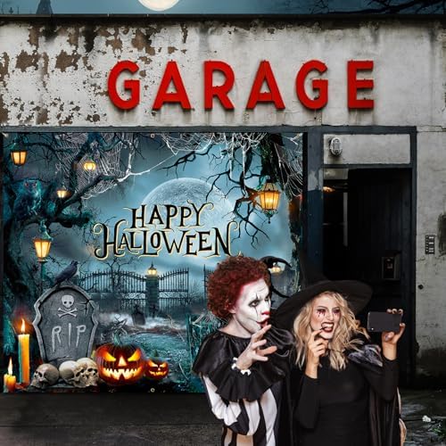 Teenyyou Halloween Garage Door Cover 7 x 8 ft Pumpkin Cemetery Scene - Image 6